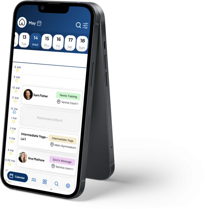 Northstar Technologies mobile interface showing tennis activities calendar with bookings