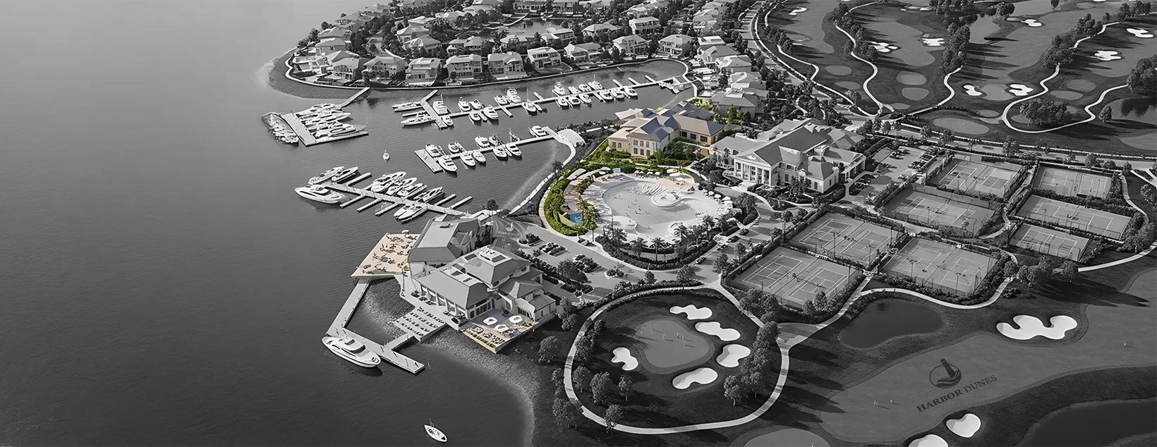 Bird’s-eye view of Harbor Dunes Club with food and beverages area