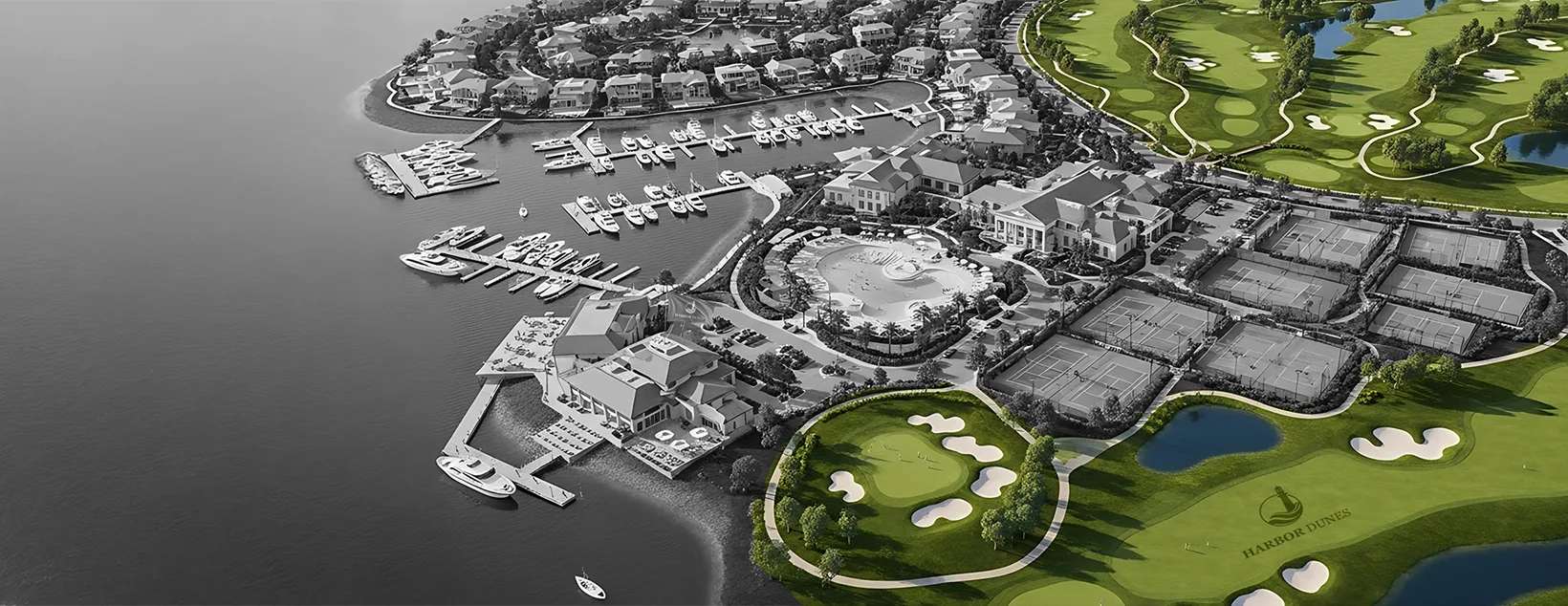 Bird’s-eye view of Harbor Dunes Club with golf area