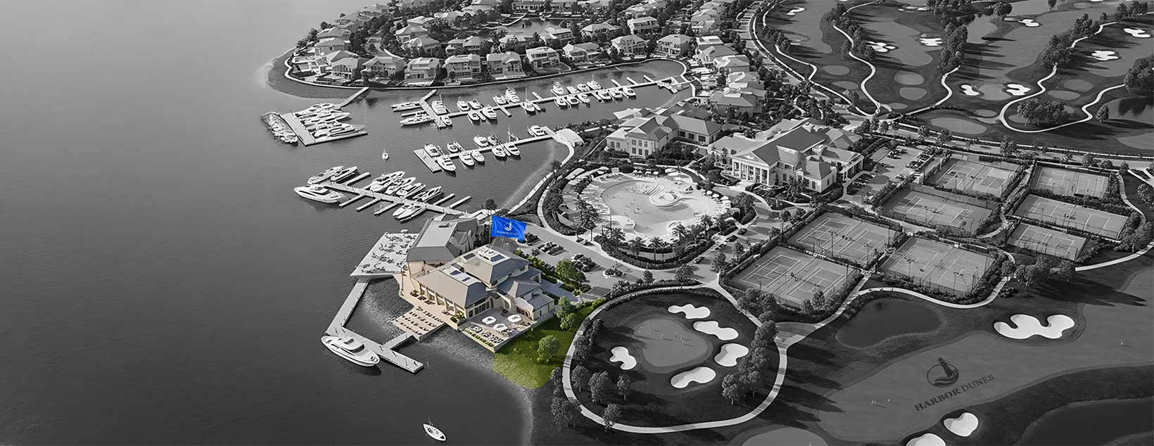 Bird’s-eye view of Harbor Dunes Club with membership area