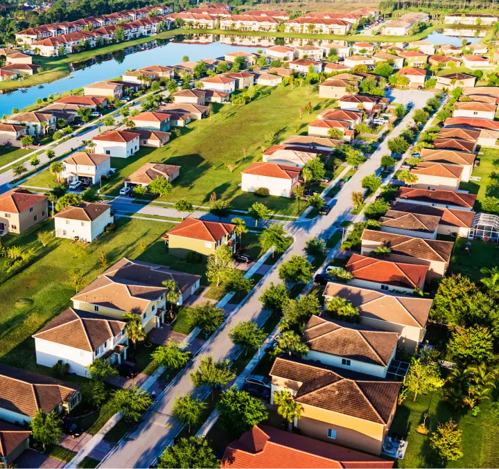 Aerial view of golf courses homes