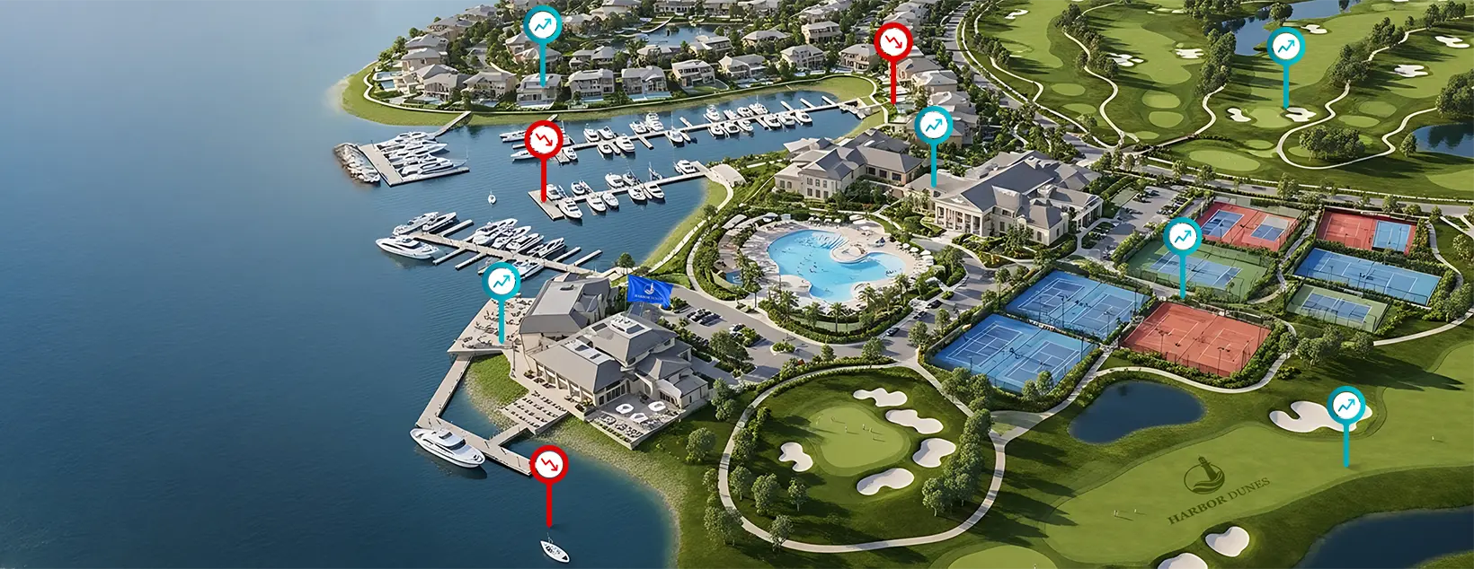 Bird’s-eye view of Harbor Dunes Club with service area statistics displayed
