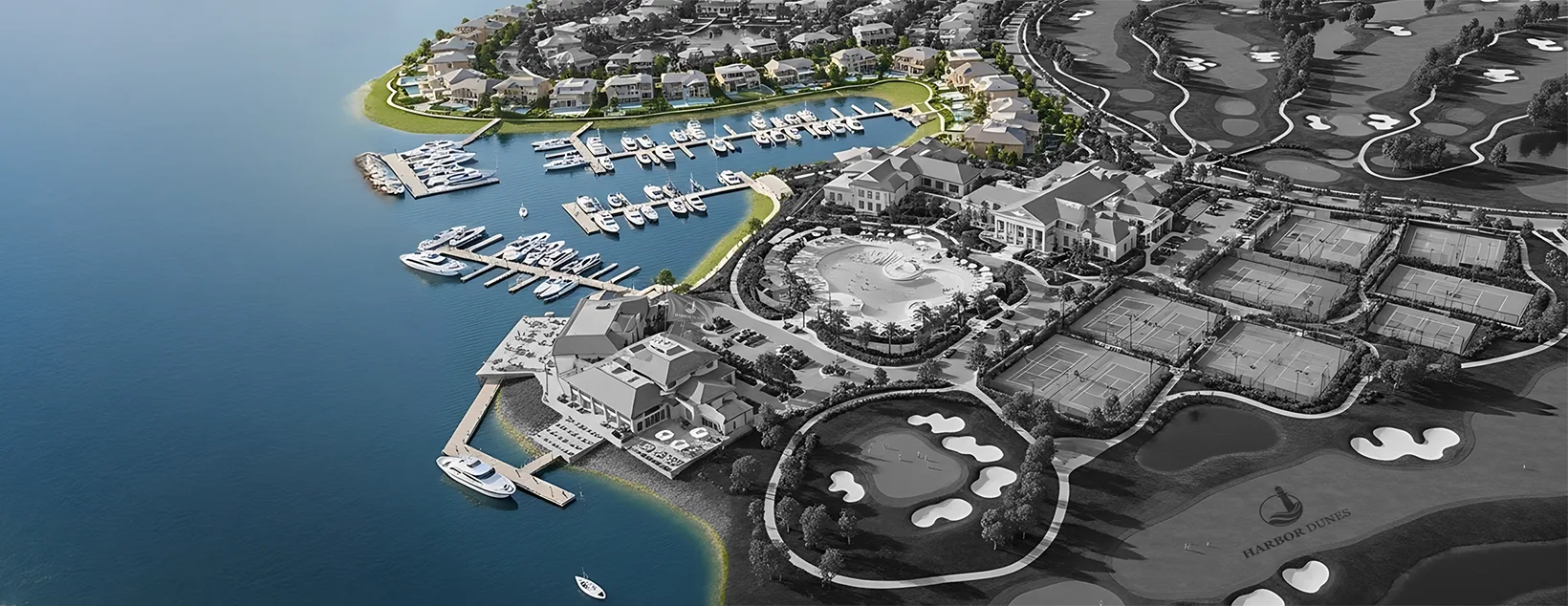 Bird’s-eye view of Harbor Dunes Club with resort area