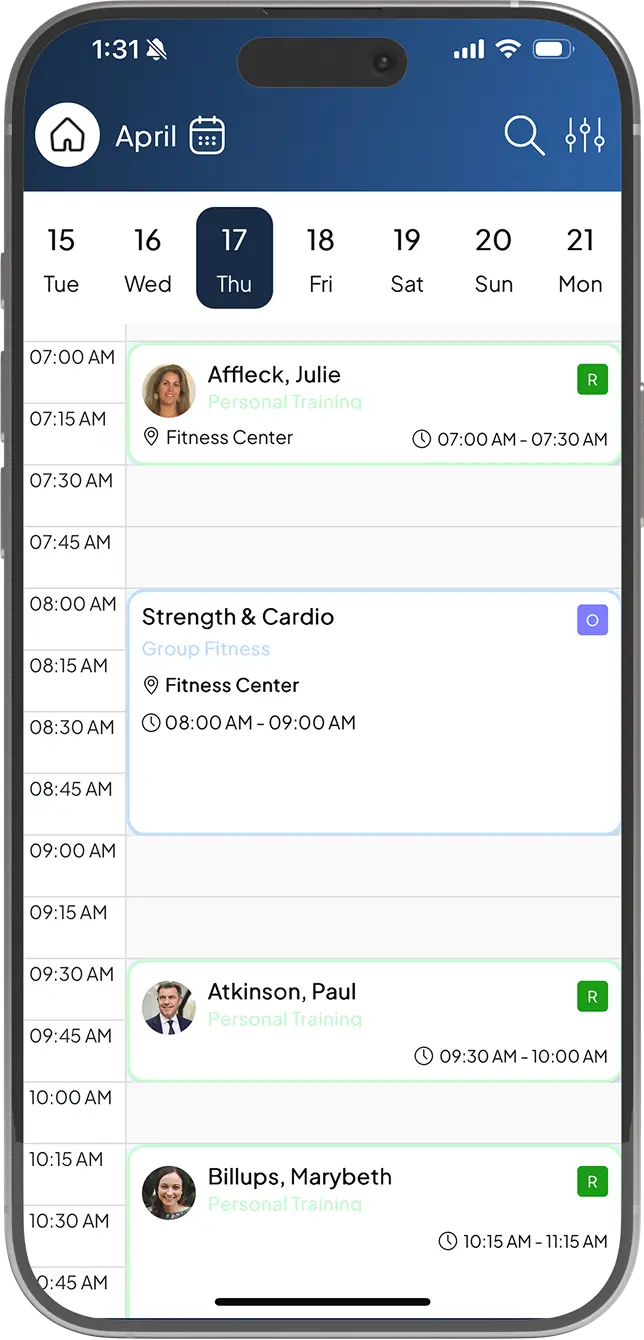 Northstar Technologies mobile interface showing golf course gym calendar with bookings